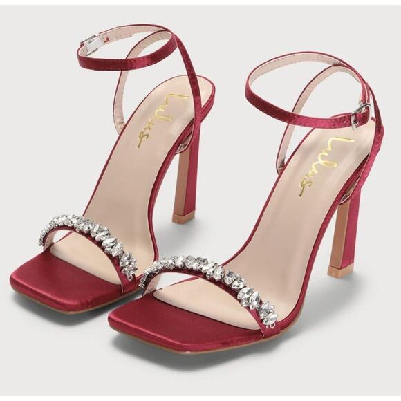 Lulus Womens Goldiena Wine Red Satin Rhinestone Ankle Strap Heels, Size 8 - Picture 1 of 11